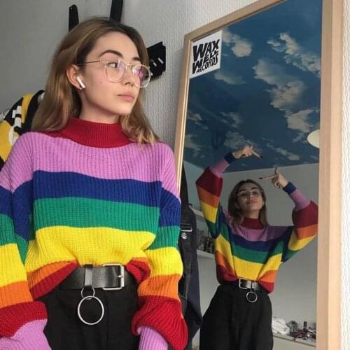 MONMOIRA Turtleneck Rainbow Striped INS Sweaters Women Casual Autumn Loose Knitted Pullovers Ladies Knitwear cws0309-5
