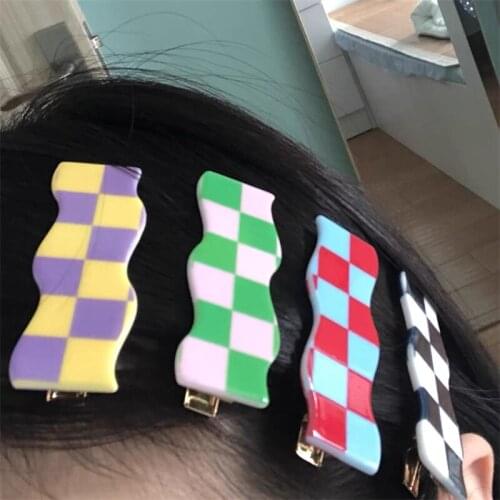 2021 New Korean Colorful Plaid Acrylic Hair Clip Smooth Irregular Geometric Wave Rectangle Duckbill Clip for Women Trend Jewelry