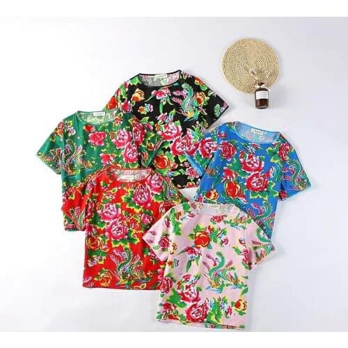 Woman tshirt Summer Unisex Thin Loose Chinese Style Peony Printed Round Neck Cotton Short Sleeve Beach Style Top Female