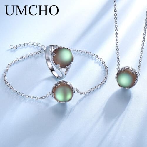 UMCHO 925 Sterling Silver Jewelry Sets Aurora Crystal Ring Necklaces Bracelet Rings For Women Wedding Party Gift Jewelry Sets