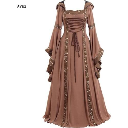 Women Vintage Celtic Long Sleeve Medieval Long Dress Renaissance Gothic Cosplay Costume Celebrity Party Dresses Plus Size 5xl