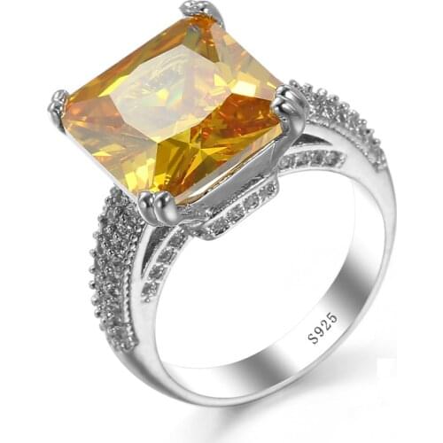 Luxury Princess Cut AAAAA Yellow big CZ solid 925 sterling silver Ring with Micro Paved Clear Zircon Women Engagement Rings