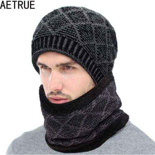 AETRUE Winter Skullies Beanies Men Scarf Knitted Hat Caps Male Mask Gorras Bonnet Warm Winter Hats For Men Women Beanies Hats