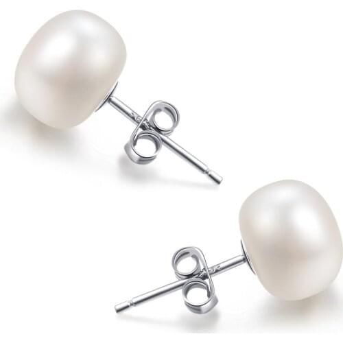 8-8.5mm 925 Sterling Silver Simple Button Freshwater Cultured Pearl Stud Earrings Real Fresh Water Flat Pearl Earrings