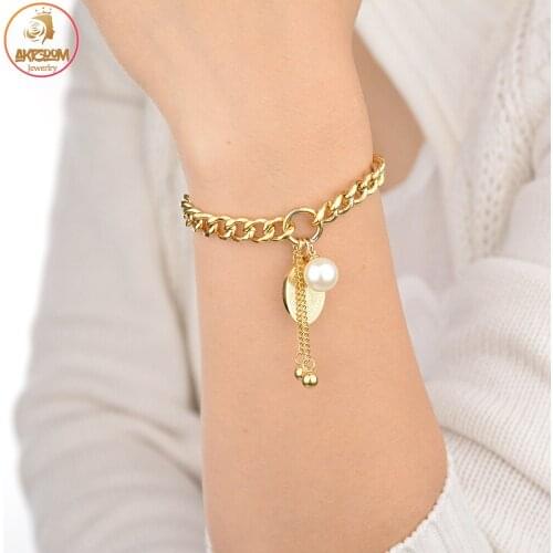 Akizoom Fashion Punk Bangles Stainless Steel Maria Pearl Gold Color Thick Chain OT Buckle Bracelets for Women Charm Jewelry Gift