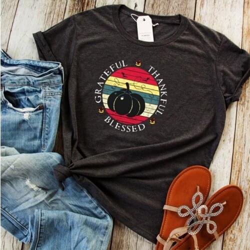 Grateful Thankful Blessed Thanksgiving Tshirt Halloween Pumpkin Print Tee Aesthetic Women Print Pumpkin Shirts Streetwear Tee