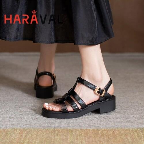HARAVAL Summer Women Sandals Casual low Heel Buckle Shoes Black Brown Rounded Toe Solid Soft Fahion Lady Leather Footwear B297
