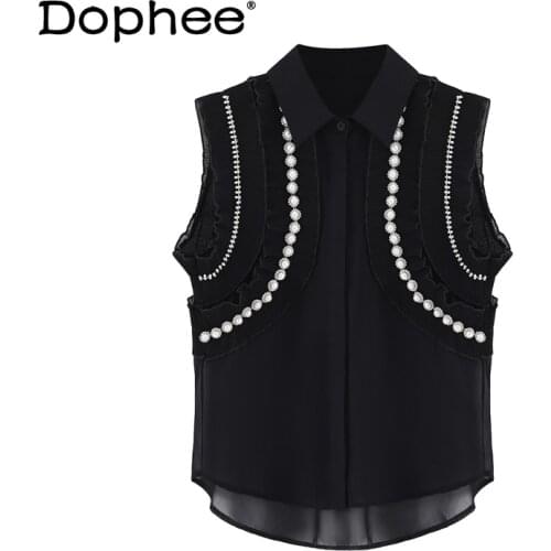 Elegant Ruffled Beads Rhinestones Chiffon Shirt Women Clothing Summer 2021 Korean Loose Vintage Sleeveless Blouse Tops Camisas