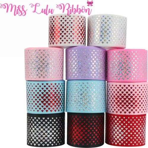 50 Yards/Roll 38mm Grosgrain + Hologram Heart-Shaped Printing Ribbon Sewing Supplies Gift Wrapping Ribbon Handmade Bow Material