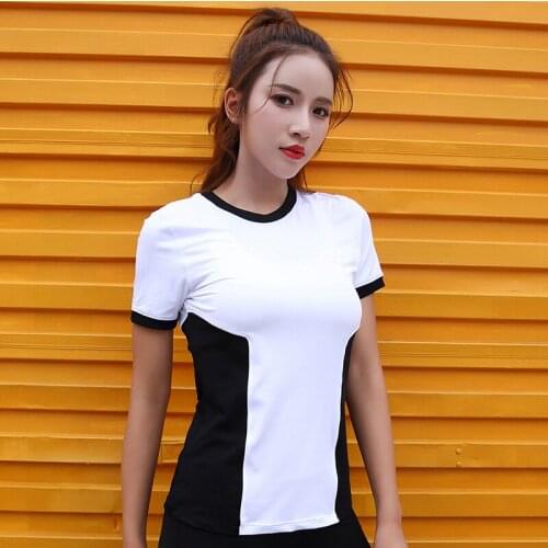 Summer Women Yoga Shirts Hit Color Elastic Thin Short Sleeve Sport Tshirt Fitness Tee Tops Running Shirts Breathable Slim Blouse