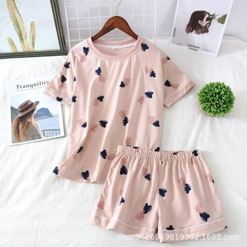 Hot Womens 100% Cotton Short-sleeved Shorts In Summer Pajamas Cartoon Summer Sports and Leisure Two-piece Suits Can Be Worn Out