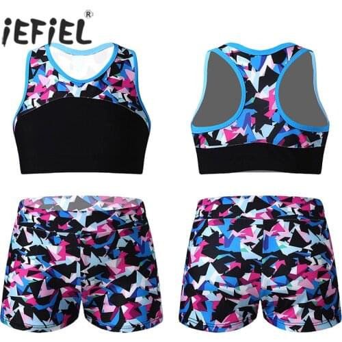 Kids Girls Stretchy Ballet Dance Sets Racer Back Sports Tanks Crop Top with Shorts Bottoms For Dancewear Gymnastic Workout