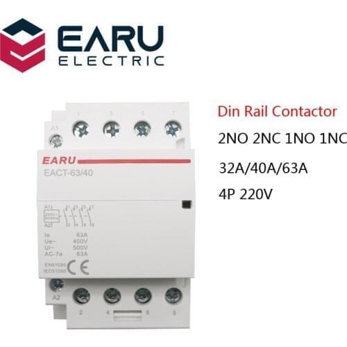 4P 32-63A AC 110V 220V 50/60Hz Din Rail Household AC Modular Contactor Switch Controller 4NO 4NC 2NO 2NC Smart Home House Hotel