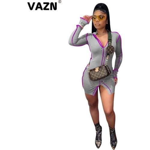 VAZN New 2020 Pleated Chic Ladies Slim Elegant Female Dress Club Birthday Shinny Dress Full Sleeve V-neck Dresses
