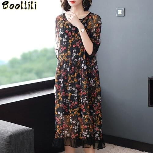 Boollili Real Silk Dress Women Summer Dress Korean Fashion Print Midi Dress Elegant Vintage Party Dress Vestido Mujer