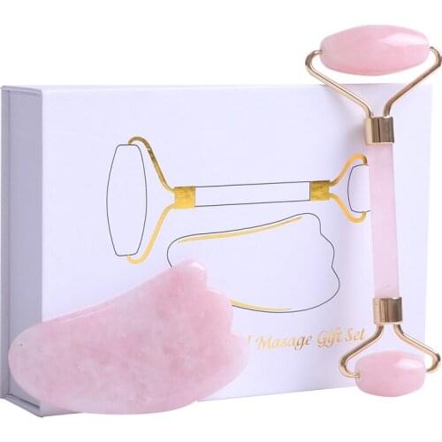 Rose Quartz Jade Roller Gouache Scraper Face Slimming Massager Face Lifting Natural Jade Stone Facial Massage Roller Beauty Set
