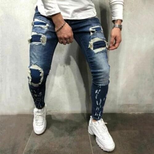Patch holes Ripped Skinny Jeans Men Slim Fit Stretch Fashion Streetwear Frayed Hip Hop Distressed motorcycle Denim Jeans Pants