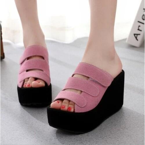 2021Summer Women High Heels Sandals Open Toe Casual Slippers Comfortable Anti-Slip Suede Platform Slides Female Wedge Retro Shoe