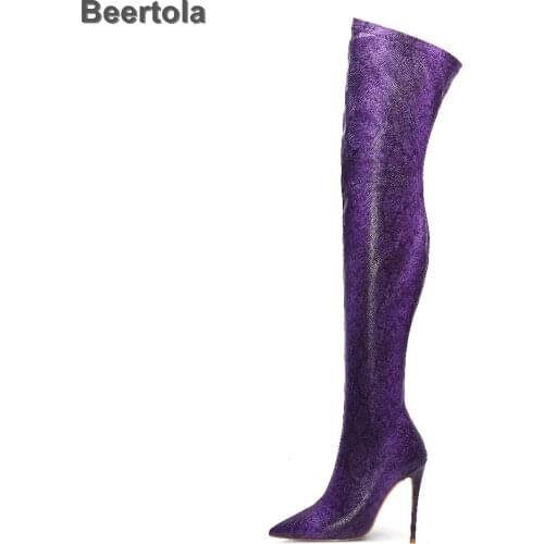 Over The Knee Thigh High Boots Women Snake Print Boots Special Elastic Boots Zip Purple Party Dress Shoes Sexy Club Shoes Woman