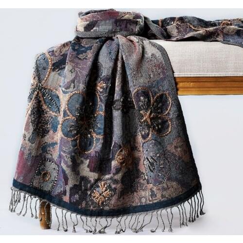 Merino Boiled 100% Wool Scarf Women Winter Spring Fashion Hand-Beaded Sequin Shawl Soft Pashmina