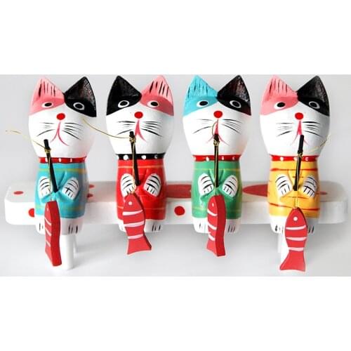 Nordic Painted and Carved Cat Ornaments Wooden Crafts Fishing Kittens Sitting on Stools Desktop Decorations Animal Ornaments