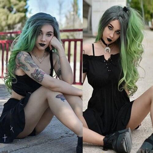 Dark Green Lace Front Wigs for Women 2 Tone Gray Root Mixed Color Synthetic Hair Wig for Drag Queen Mermaid Cosplay Daily Wear