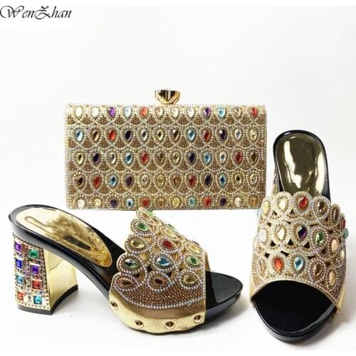 Latest Italian Med Heel Shoes 7cm And Bag For Evening Party With Rhinstones Gold Italian Handbags Match Bags set 37-42 201-7