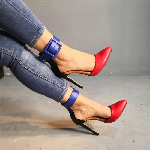 Women high heels Ankle strap shoes Female Sexy Stiletto pointed toe T-tied Fashion Red Wedding bridal scarpin pump