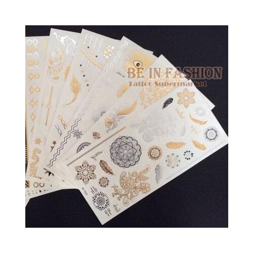 4pcs/lot Temporary Tattoo Sticker Fake Gold and silver Tatoo sheets Flash Henna Tatouage Metallic Tatto Aramex Tatuajes Dorados