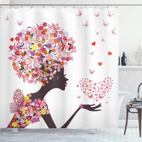 Butterflies Shower Curtain Girl with a Heart of Butterflies Enjoying Blossoms Summertime Fantasy Happy Bathroom Decor Set