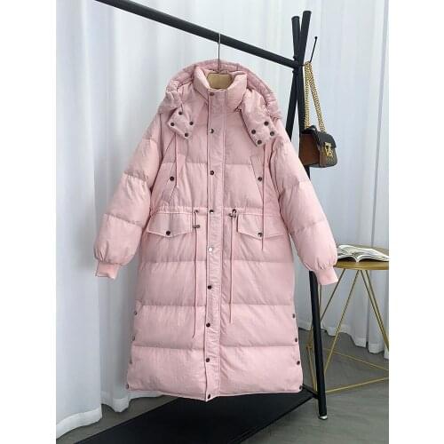 2021 Ladies Long Puffer Jacket Women Down Jacket Winter Korean Fashion Loose White Duck Down Coat Thick Warm Hooded Parka Women