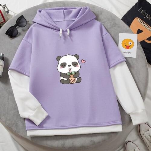 Patchwork Panda Hoodie Fake Two Pieces 2021 New Sweatshirt Women Gothic Harajuku Cute Thermal Color Block Female Long Sleeve Top