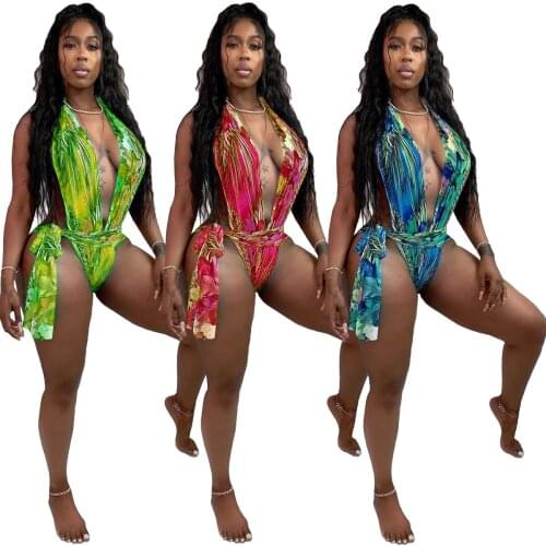 Echoine Women Print Bodysuit Sexy v waist bikini set Bandage Swimsuit Summer Outfits Tow Piece Club Outfits Beach Wear Rompers