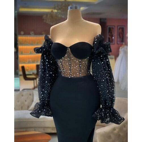Sexy Black Long Sleeves Evening Dress for Women Party Off the Shoulder Beading Lace Mermaid Prom Gowns robe de soirée de mariage