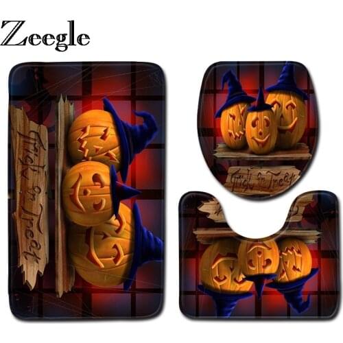 Zeegle Mat For Bathroom Halloween Pumpkin Printed Toilet Mat 3pcs Bathroom Rug Set Non-slip Bathroom Carpet Bath Mat Shower Rugs