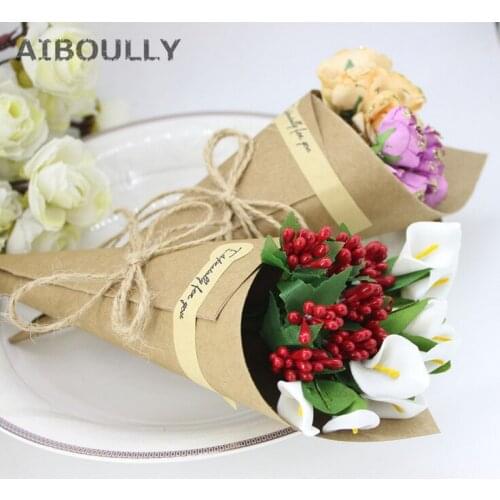 50pcs/lot DIY Handmade Kraft Paper Candy Boxes with Rope Tag Flower Ice ream Cones Holder Table Decor Wending Party Gifts Box