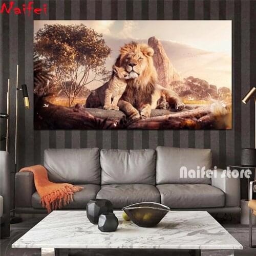 Mom and Baby Lions DIY 5D Diamond Painting Full Square Round Drill Mosaic Cross Stitch Diamond Embroidery Animal Home Decor
