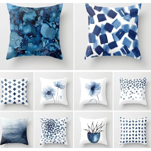 Watercolor Blue Cushion Cover Geometric Abstract Landscape Sofa Pillow Case Nordic Polyester Material Simplicity Pillows Covers