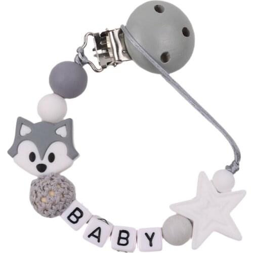 Personalized Name Baby Pacifier Chain Wood Clip Mini Fox Silicone Beads Teether Anti-lost Pacifier Chain Baby Product