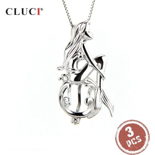 CLUCI 3pcs Cute Silver 925 Mermaid Shaped Cage Pendant for Necklace Women Fairy Tale 925 Sterling Silver Pearl Locket SC048SB