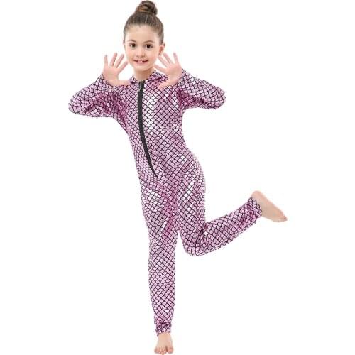 Children Faux Shiny Lycra Mermaid Catsuit Latex Bodysuit Zipper Open Crotch Stretch bodystocking Jumpsuits Overalls Kids Costume