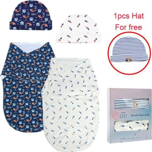 Boys Swaddle Set, 2 Pack Wrap Blankets with Cotton Caps,Babies Sleeping Bag ,0-3 Months