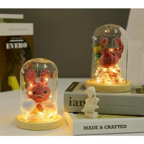 Artificial Flowers Forever Rabbit Dog LED Light Glass Dome Cover Home Wedding Decor Mothers Day Valentines Gifts