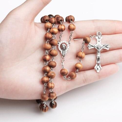 Catholic Wooden Beads Rosary Necklace Christ Jesus Virgin Mary Cross Long Religious Necklace Decoration