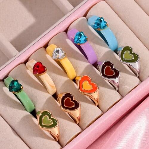 New Ins Colorful Double Layer Love Heart Ring For Women Girls Creative Simple Crystal Acrylic Round Rings Aesthetic Jewelry Gift