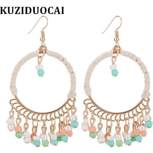 Kuziduocai New Fashion Fine Jewelry Bohe Circle Beaded Tassel Twining Stud Earrings For Women Statement Brincos Pendientes A-71