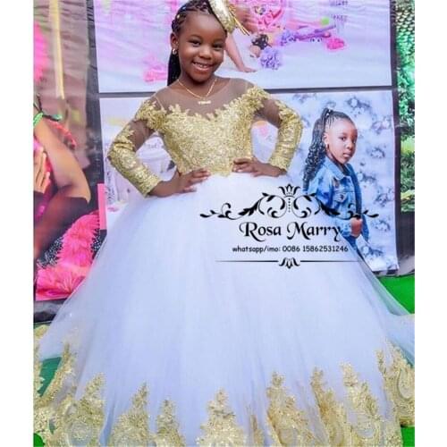 Lovely Gold Lace Flower Girls Dresses For Wedding 2019 Ball Gown Long Sleeves Sequined Beaded Kids First Holy Communion Gowns