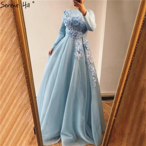 Muslim Blue Long Sleeves Evening Dresses Design Handmade Flowers Pearls A-Line Formal Dress 2021 Serene Hill LA70114