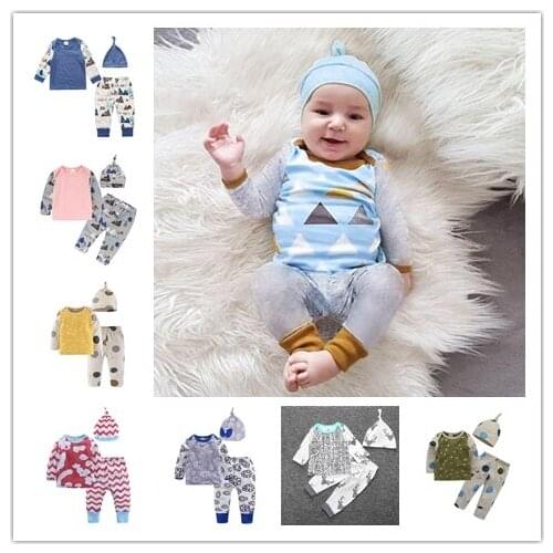 New 2018 Baby Clothing Set Fashion cartoon Pattern Patchwork Top+Pants+Hat Newborn Baby Boy Girl Clothes Toddler Outfits