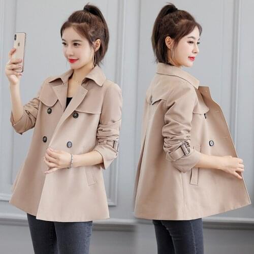 2021New Women Khaki Windbreaker Short Coat Autumn Korean Fashion Double Breasted Casual Jackets Women Coat Outwear Plus Size